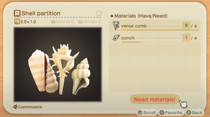 Partition Shell - Objets Shell dans Animal Crossing New Horizons