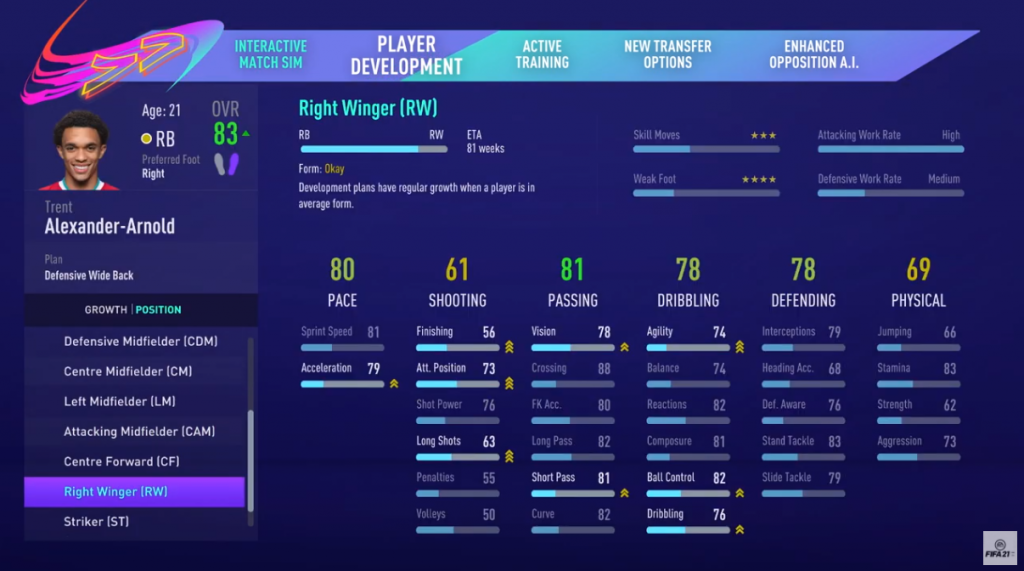 Développement des joueurs en mode carrière FIFA 21