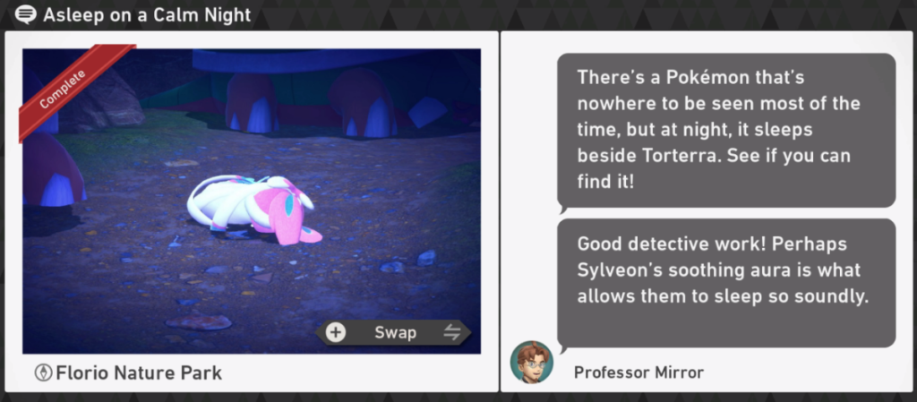 Nouveau Pokemon Snap - Demande de nuit du parc naturel Florio - Endormi par une nuit calme