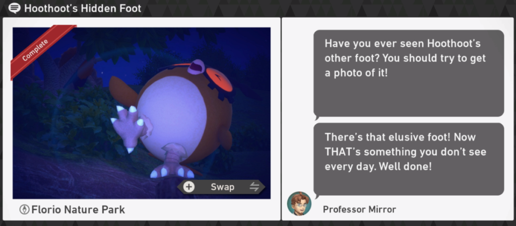 Nouveau Pokemon Snap - Demande de nuit du parc naturel Florio - Pied caché de Hoothoot