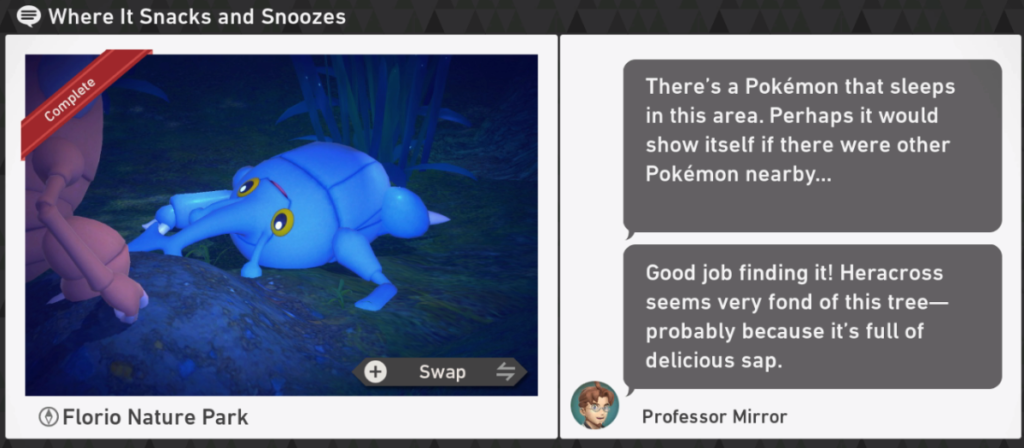 Nouveau Pokemon Snap - Demande de nuit du parc naturel Florio - Où il grignote et répète