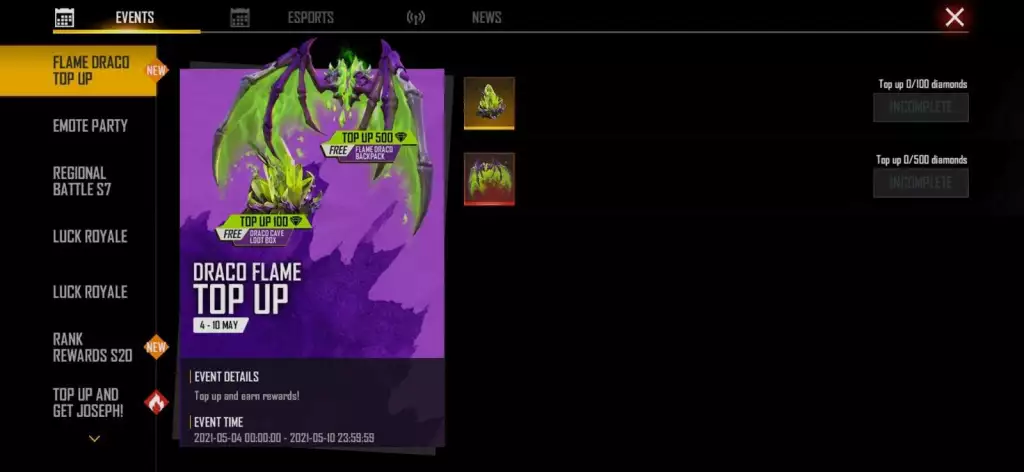 Draco Top Up Flame Calendrier des événements Free Fire 2021