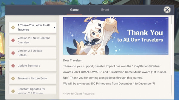 genshin impact in-game mail lettre de remerciement primogems récompense les voyageurs