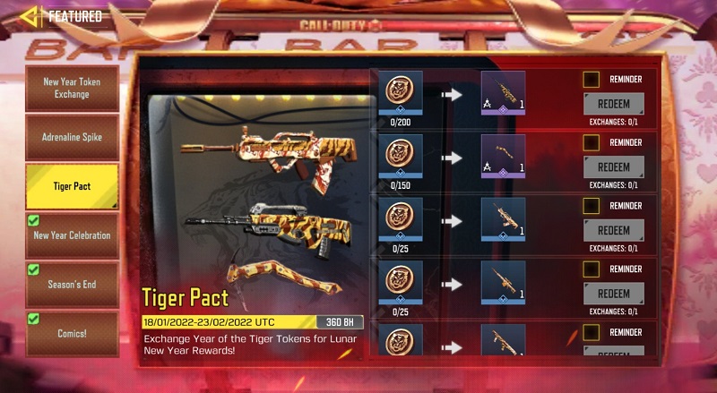 COD Mobile Saison 1 2022 Tiger Pact battle royale event toutes les récompenses comment obtenir des conseils sur les jetons Tiger Coins