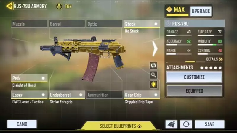 Call of Duty Mobile Season 4: Wild Dogs meilleur SMG RUS-79U, meilleur dans un niveau de SMG.