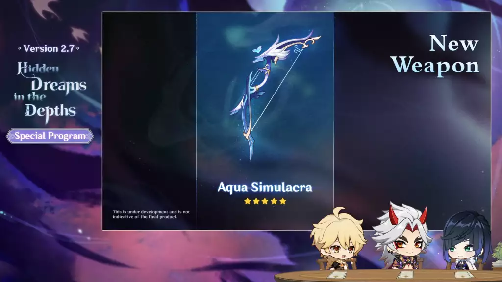 Genshin impact guide d'arme aqua simulacre 2.7 programme spécial diffusion en direct invocation bannière événement système gacha