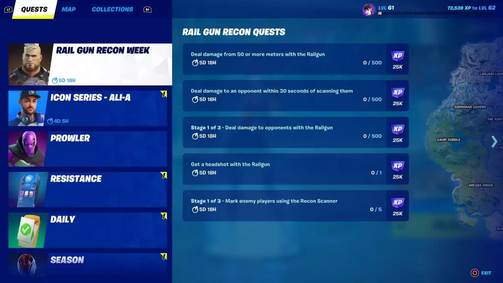 rail gun recon quêtes fortnite
