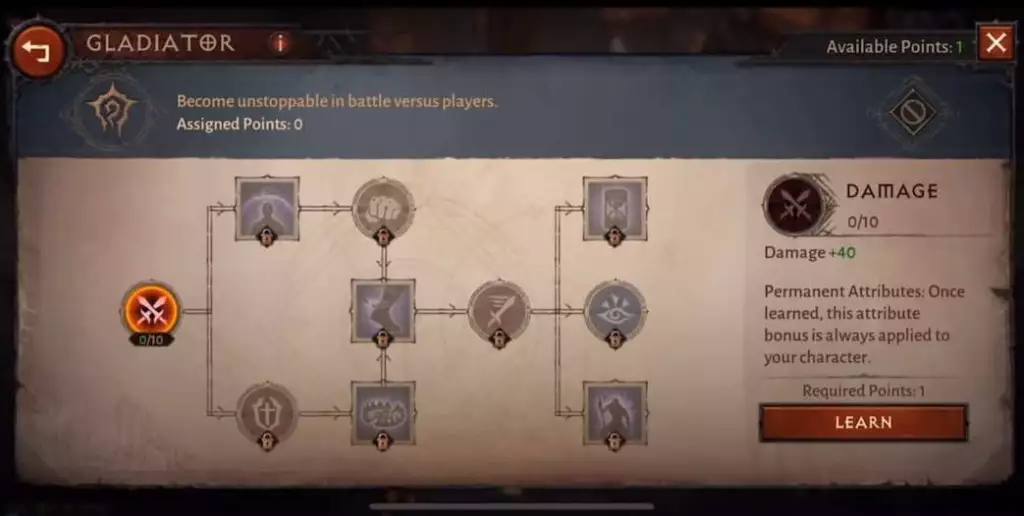 Arbre de gladiateur Diablo Immortal Paragon.