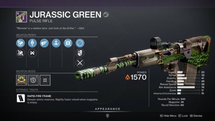 Destiny 2 Jurassic Green god roll guide - inspecting weapon in inventory. 