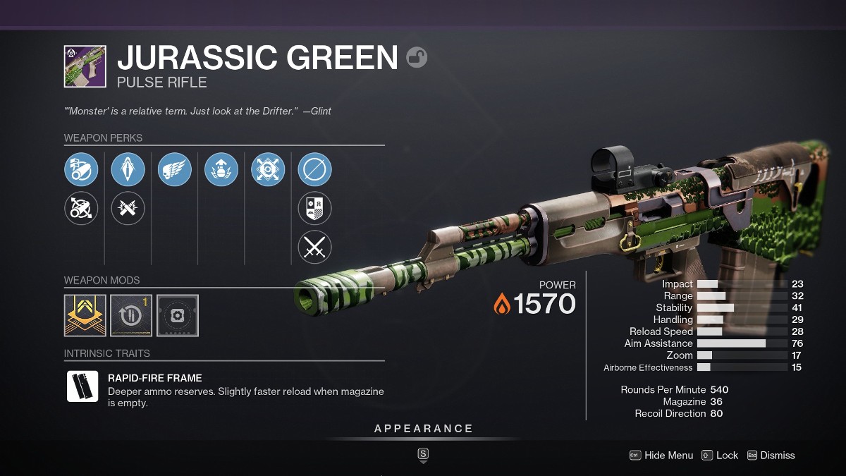 Destiny 2 Jurassic Green god roll guide – inspection de l'arme dans l'inventaire.