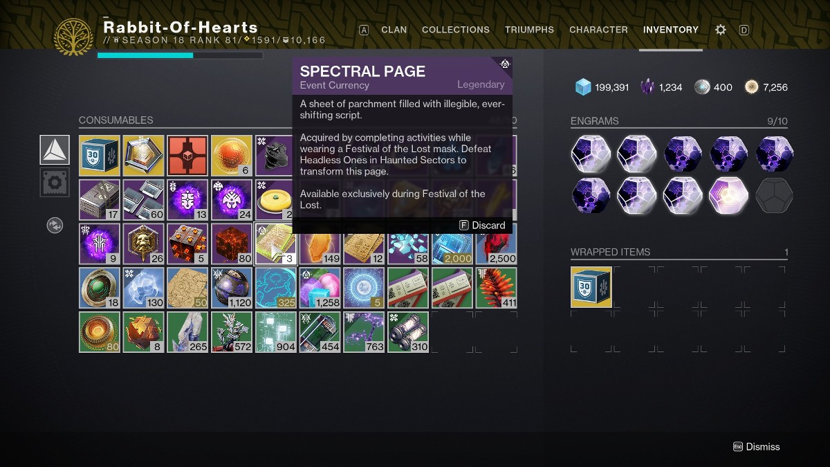 Destiny 2 différence entre les pages spectrales et les pages manifestées - Page spectrale dans l'inventaire.