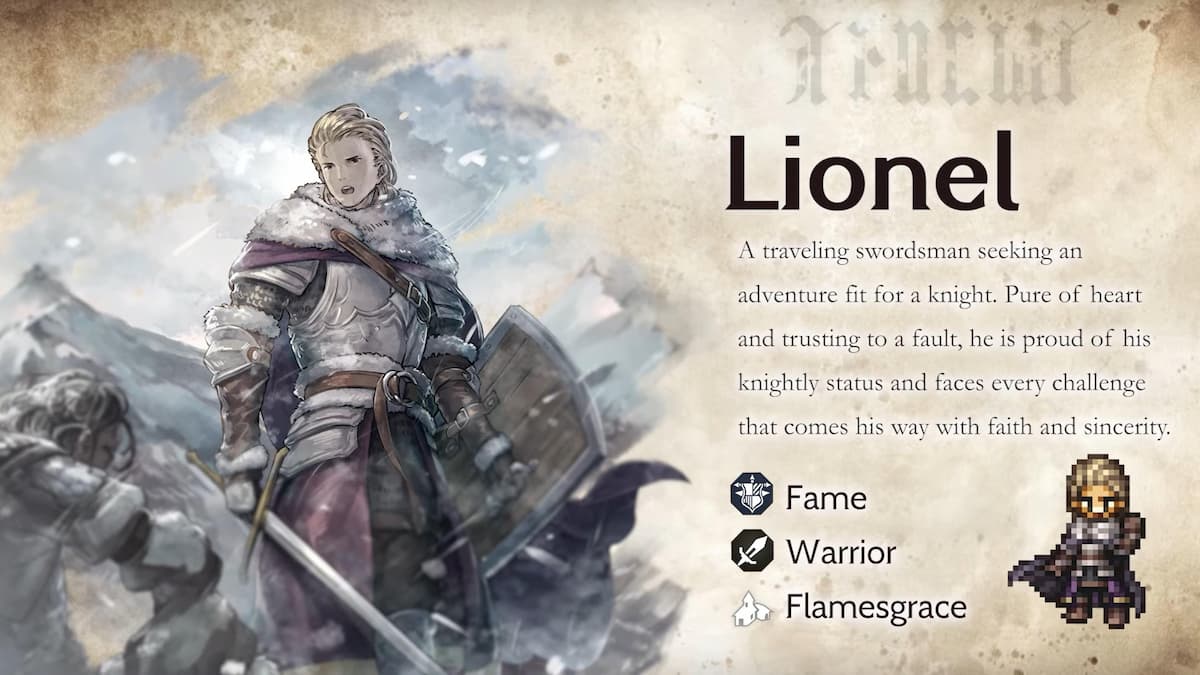 Écran du personnage Lionel d'Octopath Traveler Champions of the Continent
