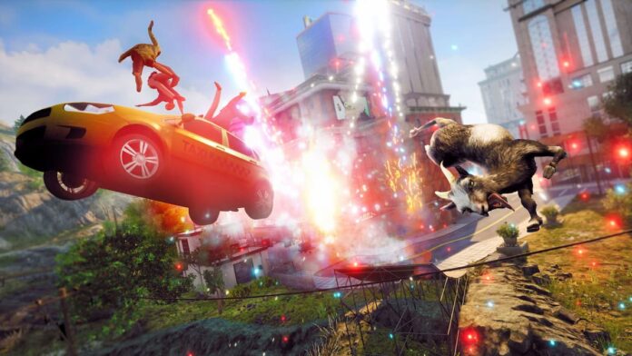 A goat creating havoc in a picture with jumping car and people in Goat Simulator 3