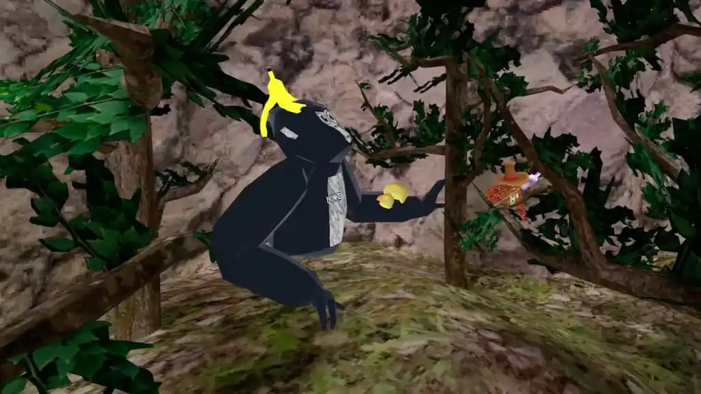 Un gorille avec une peau de banane sur la tête dans Gorilla Tag