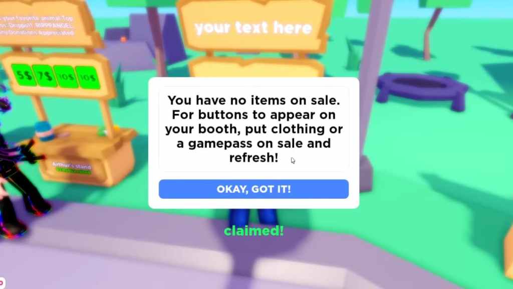 Réclamer un stand dans Roblox Pls Donate