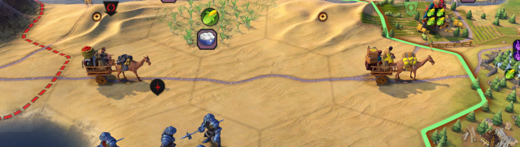 Gros plan sur deux routes commerciales dans Civ 6 | Image par Firaxis Games