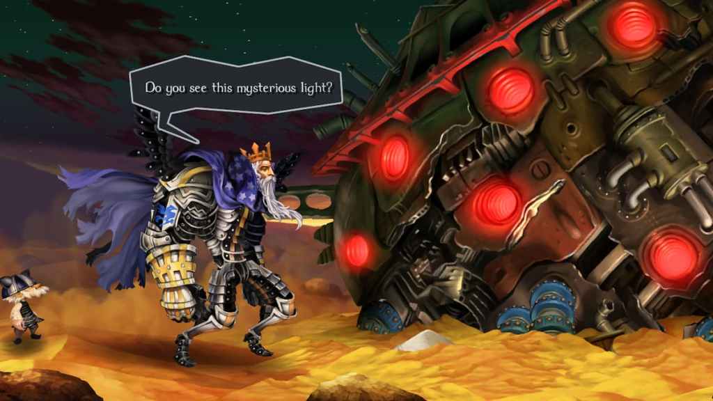 Un grand roi en armure contemple une machine massive dans Odin Sphere