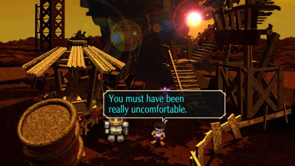 Un robot et un artiste martial se parlent dans une casse de SaGa Frontier