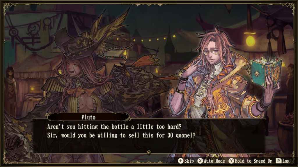 Une capture d'écran de style roman visuel de deux protagonistes dessinés à la main de Brigandine : The Legend of Runersia