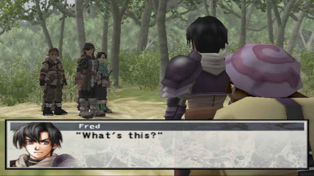 Trois mercenaires et un jeune homme s'affrontent dans les bois de Suikoden III
