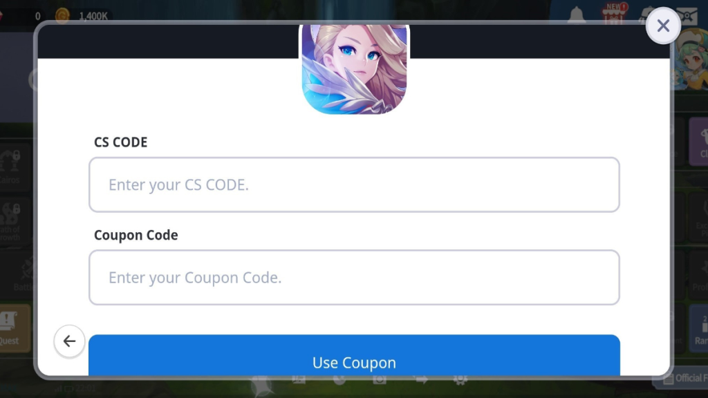 Écran des codes de Summoners War Chronicles